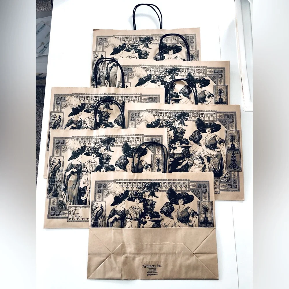 Victorian fashion lithograph Paper gift bags stiff handles Natural Black 16x13x6